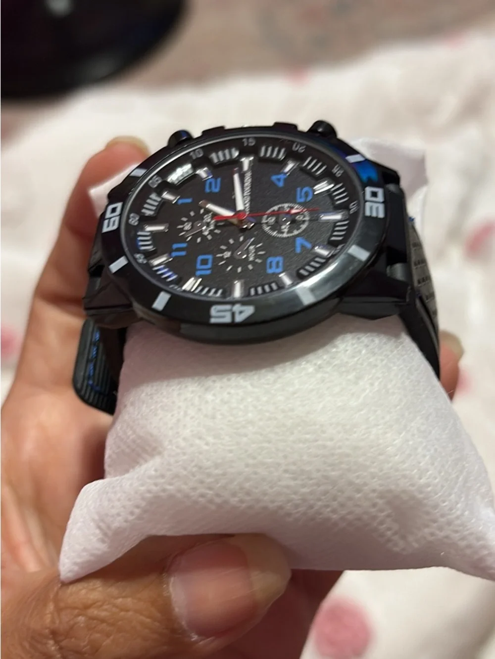 Black Sport Chronograph Watch with Blue Numerals